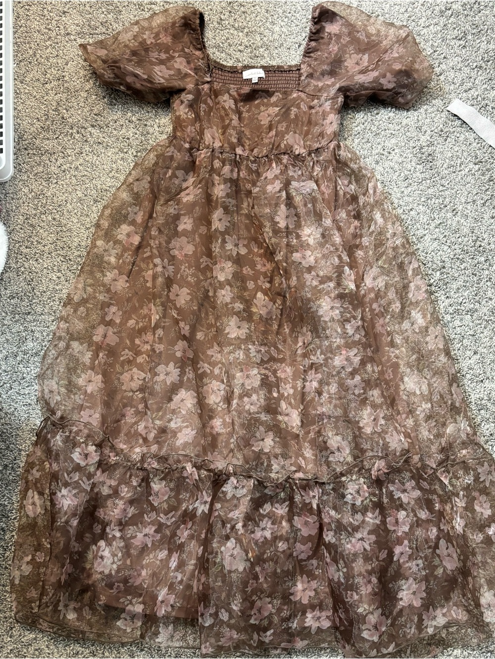 Brown Floral Puff-Sleeve Maxi Dress with Sheer Layers
